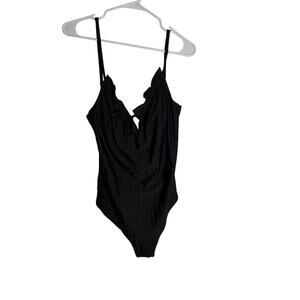 Aerie Women's Medium Black V-Neck Scalloped Lace Bodysuit